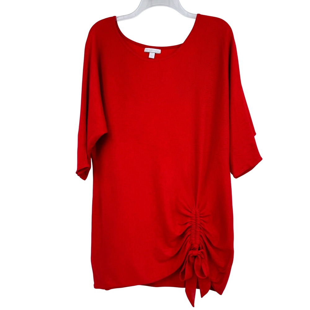 New York & Co Women Sz M Scoop Neck Ruched Hem Bow‎ Accent Pullover Red Sweater